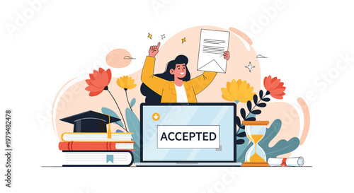 Joyful woman holding an acceptance letter behind a laptop displaying accepted, surrounded by books and flowers.