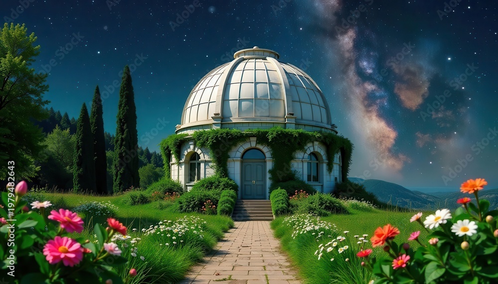 Fototapeta premium Crumbling observatory dome, vibrant flora replaces celestial maps, telescope veiled in green , exploration, abandoned