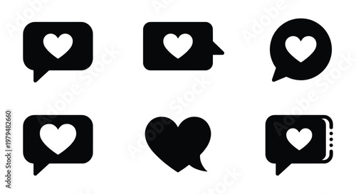 Social media heart icons set, black speech bubble notification symbols, 6 vector chat elements for mobile app interface and digital marketing