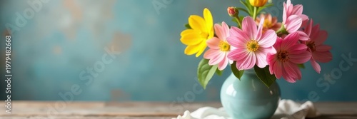 Dainty spring blooms, arranged in rustic vase, soft light , arrangement, yellow