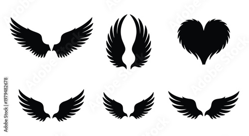 Black wing silhouettes collection, set of 6 decorative bird and angel wings, gothic heart wing icons, heraldic feather wing vector elements