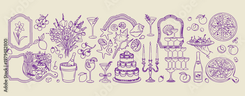 Hand drawn celebration cake wine set, decorative birthday and anniversary doodles, artistic party food and dessert sketches, minimalist event planning and dining icons, rustic holiday feast and drink 