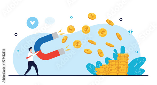 Businessman in a white shirt and tie using a large horseshoe magnet to attract flying gold coins into a stack.