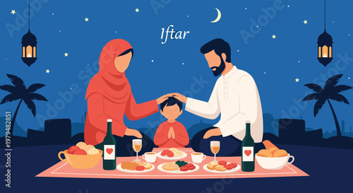 Muslim family sitting on a mat outdoors at night, sharing an Iftar meal under a crescent moon and stars with lanterns.