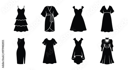 Black dress silhouette icons set, collection of 8 female fashion garment vectors, elegant evening gowns and casual apparel silhouettes for women
