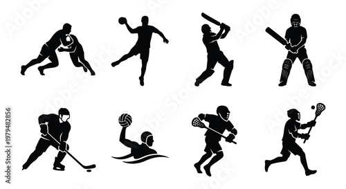 Athletic sports silhouettes set of 8 icons, black vector figures of athletes playing cricket, ice hockey, wrestling, and lacrosse for competition branding