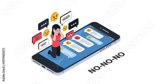 Distressed girl kneeling on a giant smartphone screen while surrounded by negative, angry, and hateful message bubbles.