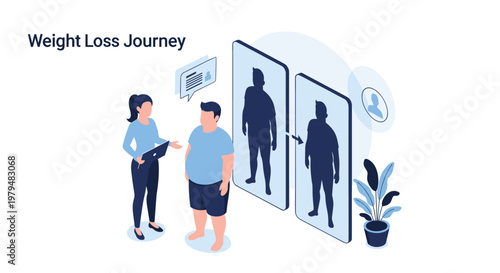 Man starting weight loss journey with professional fitness coach showing before and after body transformation on screens.