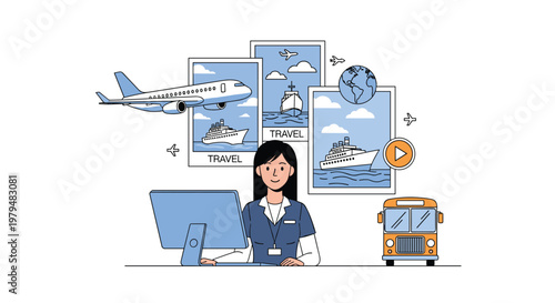 Travel agent sitting at a computer desk with floating images of an airplane, cruise ship, bus, and global map.