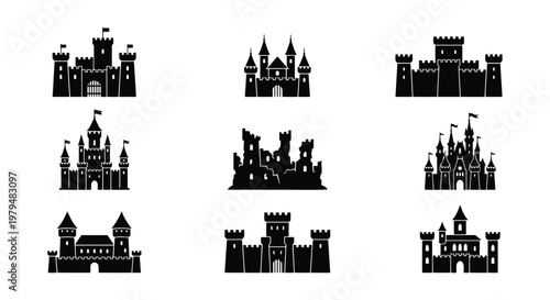 Medieval castle silhouette icons, set of 9 black fortress vector elements, ancient royal palace and kingdom stronghold symbols for gaming and maps