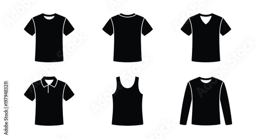 Black t-shirt vector icons set, blank apparel mockup collection with 6 clothing styles, flat fashion garment templates for branding and design