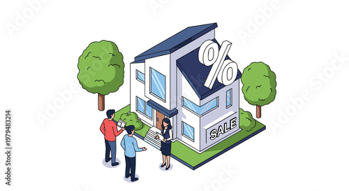 Professional real estate agent showing modern house for sale with large percentage symbol to couple of potential buyers.