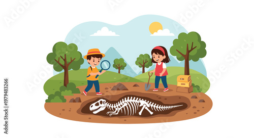 Two children acting as young paleontologists excavating large dinosaur fossil skeleton in prehistoric landscape setting.