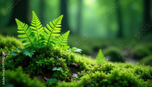 Emerald ferns unfurl, moss carpets the forest floor , vibrant, damp