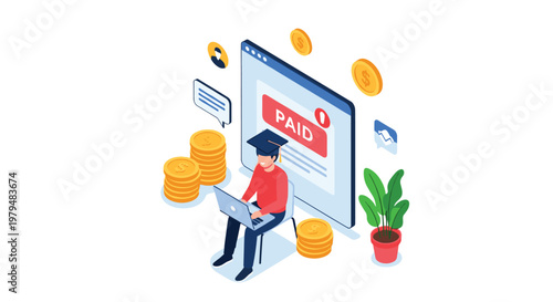 Student in graduation cap using laptop to pay education fees with large coins and paid notification on screen.