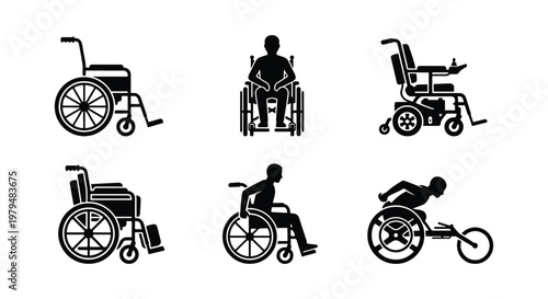 Wheelchair icon set with disabled person silhouettes, 6 black vector elements for medical accessibility, mobility aid equipment and parathlete sports