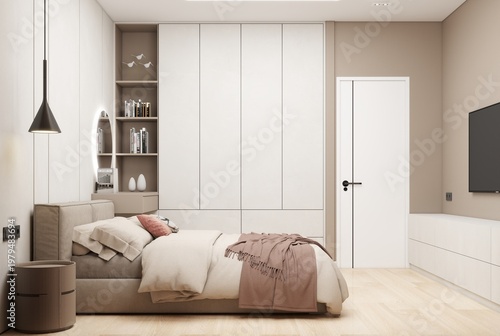 Фотография A modern minimalist bedroom features a beige upholstered bed with off-white linens and blush pink accents