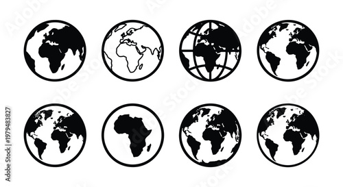 Minimalist world globe icon set, 8 black and white earth vector symbols, global map silhouettes for business and travel logistics
