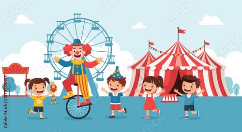Happy children enjoying fun day at circus with clown on unicycle, ferris wheel, and big top tent in background.