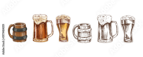 Hand drawn vintage sketch set of beer mugs and glasses with foam wooden barrel pint styles colored and monochrome