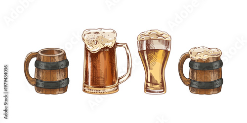 Hand drawn vintage sketch set of wooden beer mugs and glasses with foam barrel tankard pint styles illustration