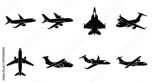 Airplane silhouette vector set, 8 black aircraft icons including commercial jets and military planes, aviation transport symbols for travel design