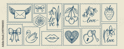 Hand drawn postage stamps love letters, vintage mail and correspondence doodles, decorative romantic envelope and stamp sketches, artistic philately and postage design elements, minimalist valentine h