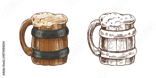Hand drawn vintage sketch of wooden beer mug with foam metal bands rustic barrel style tankard colored and monochrome set