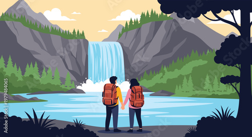 Couple with backpacks holding hands while looking at majestic waterfall and mountain lake in scenic landscape.