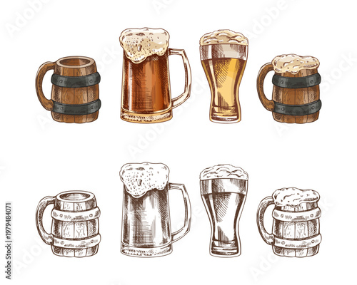 Hand drawn vintage sketch set of beer mugs and glasses with foam wooden barrel pint styles colored and monochrome versions