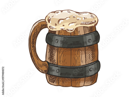 Hand drawn vintage sketch of wooden beer mug with foam metal bands rustic barrel style tankard drink