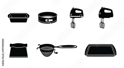 Baking equipment silhouette icons set, professional kitchen tools for pastry and cake making, 7 black vector elements for culinary design