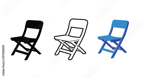 Three folding chairs in varying colors including a dark silhouette