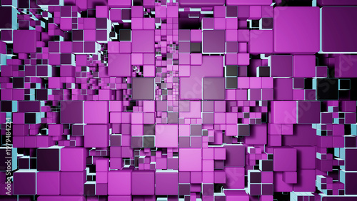 紫色の無数の大小の箱がタイル状に並ぶ抽象的なイラスト