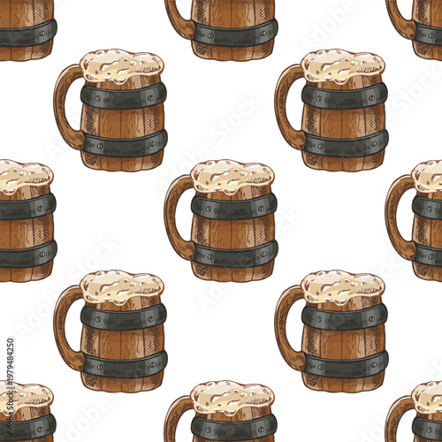 Hand drawn vintage seamless pattern of wooden beer mug with foam rustic barrel tankard illustration in warm brown tones