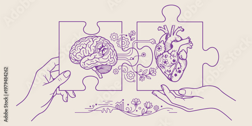 Brain and heart connection puzzle illustration, hand drawn mental and emotional health, decorative psychology and anatomy sketches, artistic love and logic balance art, minimalist neuroscience and car