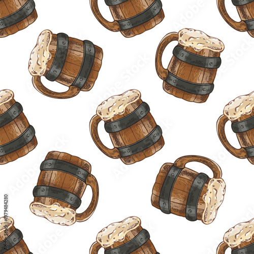 Hand drawn vintage seamless pattern of wooden beer mug with foam rustic barrel tankard illustration in warm brown tones