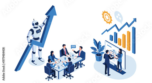 Intelligent robot helping business team analyze data and push growth arrow upward in modern office environment.