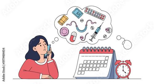 Concerned woman talking on phone while thinking about complex medicine schedule with calendar and alarm clock.