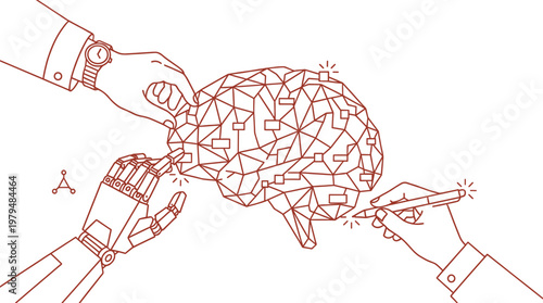 Neural network vector illustrations of artificial intelligence. Business concepts of deep learning and digital interaction. Concepts for app interface and UI in monoline style.