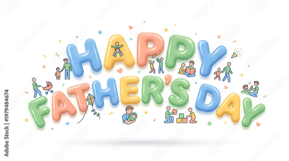 Fototapeta premium Colorful 'happy father's day' balloon lettering with family silhouette decorations