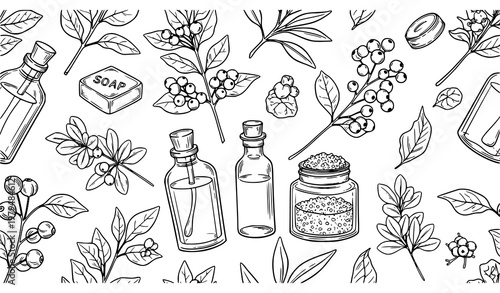 Hand drawn ardisia japonica seamless pattern leaves berries and spa cosmetics vector isolated on white background