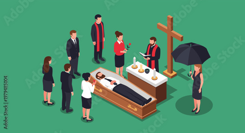 People mourning at funeral ceremony with open casket and priest reading from bible in front of large wooden cross for burial ritual.