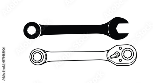 Two wrench tools displayed in a stark black and white silhouette
