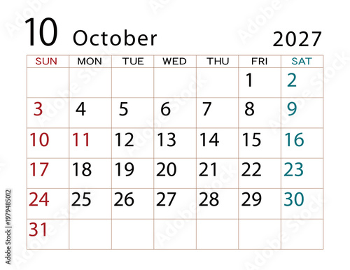 2027年カレンダー　10月 ⑵