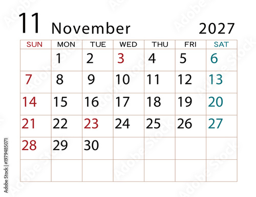 2027年カレンダー　11月 ⑵