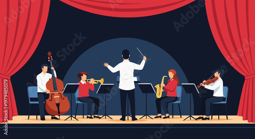 Musical orchestra performing on theater stage with conductor leading musicians playing various instruments illustration for concert.