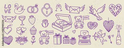 Romance and love gift icons set, hand drawn Valentine's Day heart doodles, decorative wedding and anniversary theme sketches, artistic romantic letter and gift elements, minimalist love and friendship