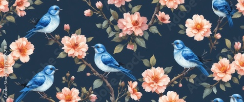 Pattern of Bluebirds Among Pink Blossoms on a Dark Background with Floral Design Elements