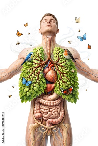 Surrealistische Illustration eines menschlichen Körpers mit sichtbaren Organen und Lungen in Form eines grünen Baumes. Umgeben von Vögeln, Schmetterlingen und Insekten 